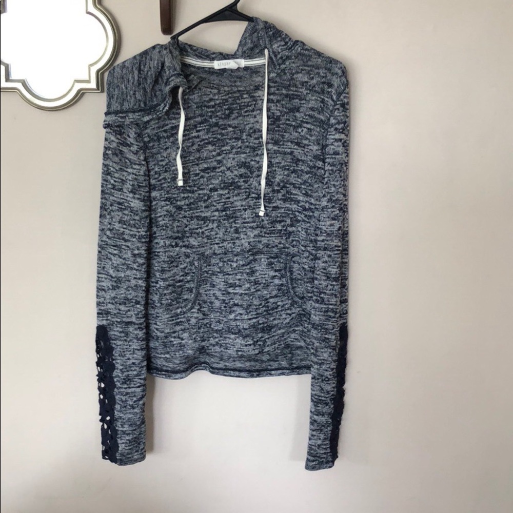 Blue, light weight, hooded sweater with lace!